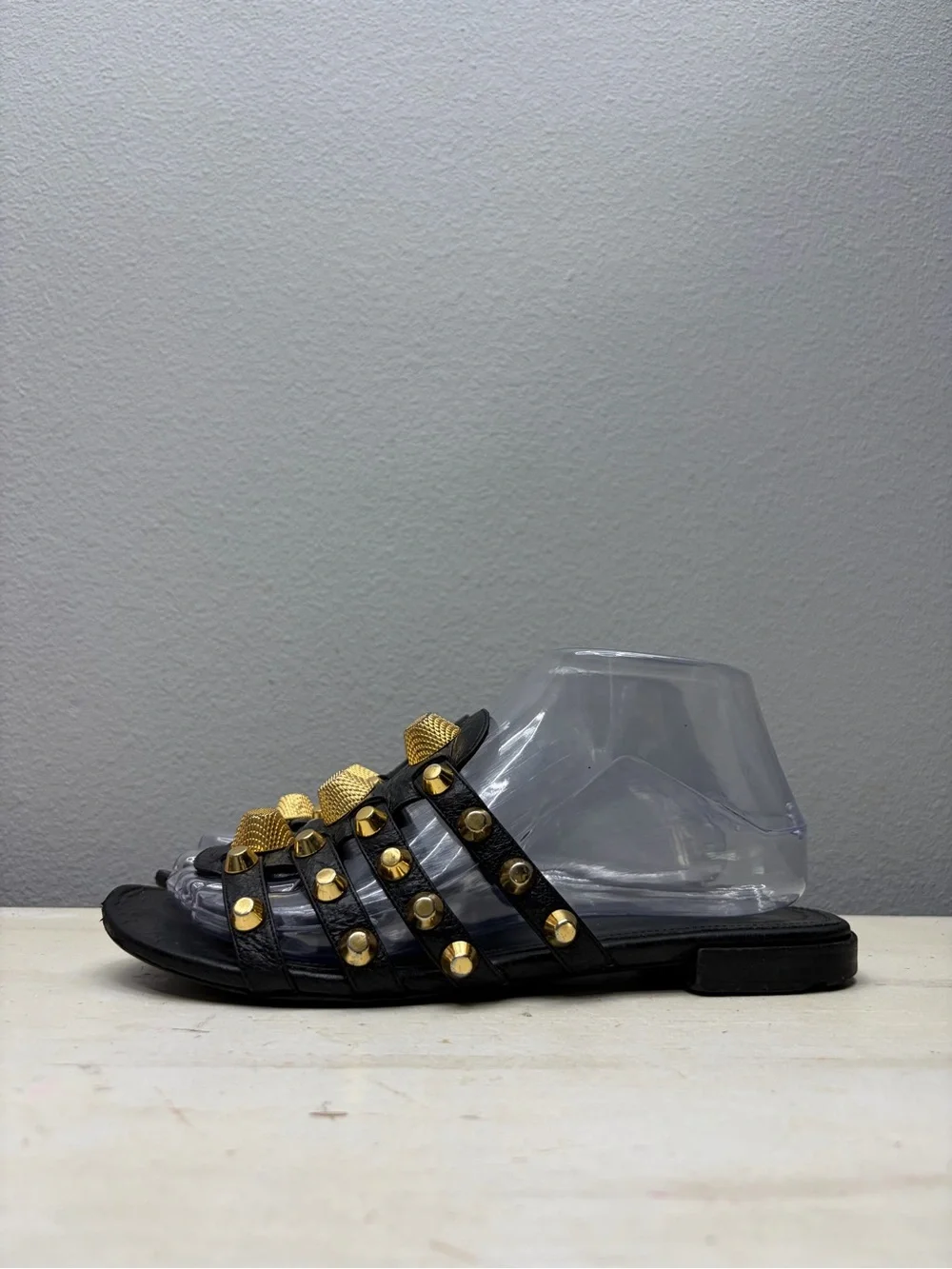 Balenciaga Black Leather Palladium Giant Gold Studded Flat Sandals Size 38